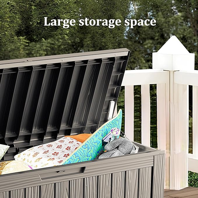 80GAL Brown Outdoor Deck Box with Lockable Compartment - Waterproof, SGS - Tested UV Resistance, Ample Space for Patio Furniture Covers and Outdoor Toys, Simple Setup