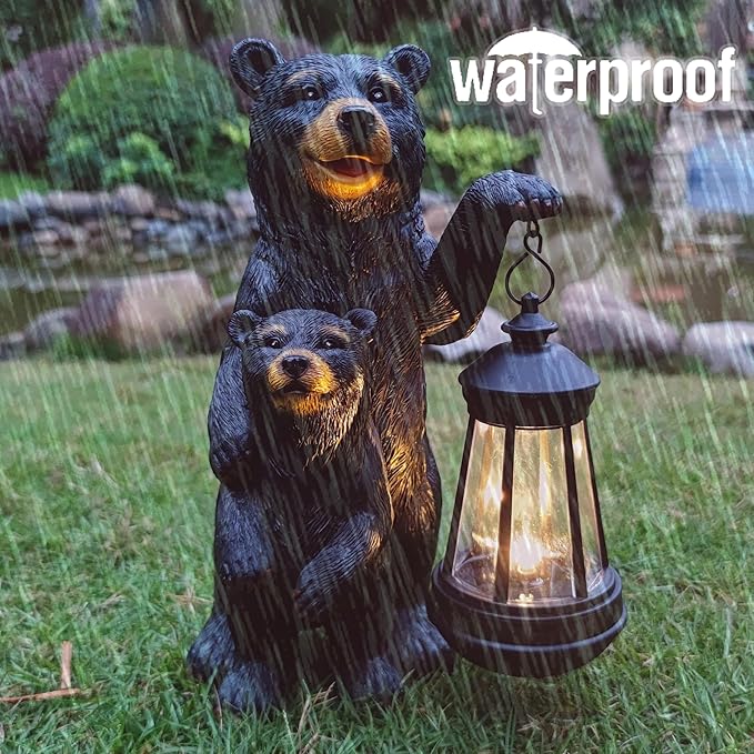Black Bear Solar Lantern Garden Statues，Loving Bear Figurine Lights for Outside Decoration ,Lawn Outdoor Decor for Patio,Balcony,Yard-Unique Gift for Grandma Wowen Mom