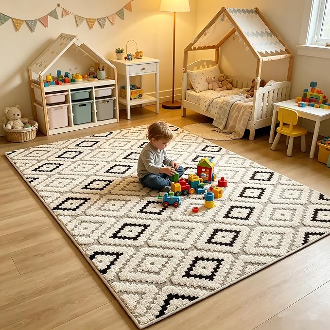 Washable Area Rug 4'x6' for Kids Room Living Room Bedroom, Diamond | Soft Cozy Fluffy Mid Pile Machine Washable Non Slip Modern Jacquard Boho Accent Area Carpet for Nursery Kids Room Dorm Hotel