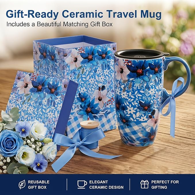 Topadorn 17oz Ceramic Travel Mug with Lid, Blue Floral Coffee Mug with Handle, Large Ceramic Travel Cup, Microwave & Dishwasher Safe, Gift Box Included