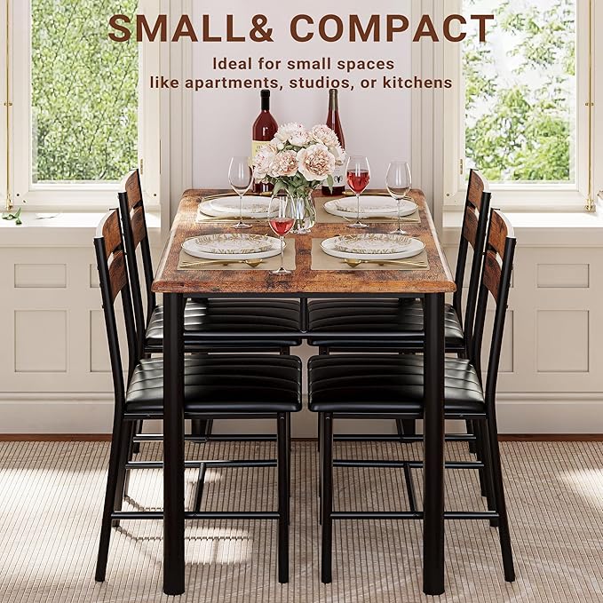 IRONCK Dining Table Set for 4, Rustic Brown | Wood Kitchen Table with Upholstered Chairs for Kitchen Room and Small Spaces