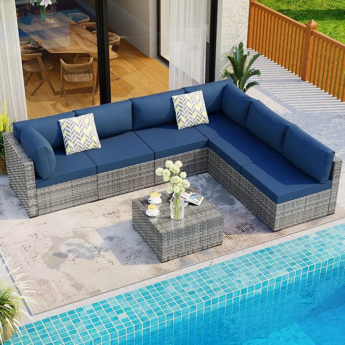 Shintenchi 7 Pieces Outdoor Patio Sectional Sofa Couch, Silver Gray PE Wicker Furniture Conversation Sets with Washable Cushions & Glass Coffee Table for Garden, Poolside, Backyard (Aegean Blue)