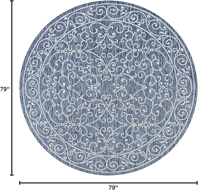 JONATHAN Y Vintage Filigree Indoor Outdoor Round Area Rug 6 Ft Navy/Gray, Charleston Textured Weave for Backyard, Patio, Porch, Easy-Cleaning, High Traffic, Pet-Friendly, Non-Shedding (SMB106D-6R)