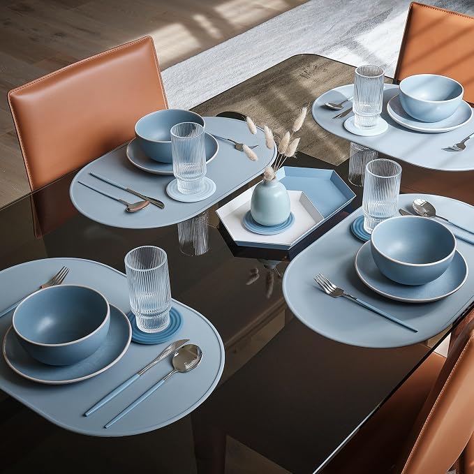 LINE+ARC Oval Silicone Degrē Placemats, Stonewash (20.5"x13", Set of 2) | Modern dining table mats with 3mm raised spill rim, waterproof, heat-safe, stain-resistant, non-slip design, blue