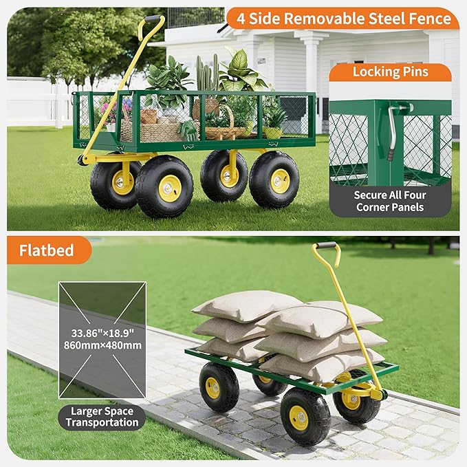 500 Lbs Garden Wagon, 2-in-1 Heavy-Duty Steel Garden Cart, with 10 Inch All-Terrain Tires and Removable Mesh Side Panels, 180° Rotating Handle, Metal Multi-Function Carts, Outdoor Gardens Wagon Cart