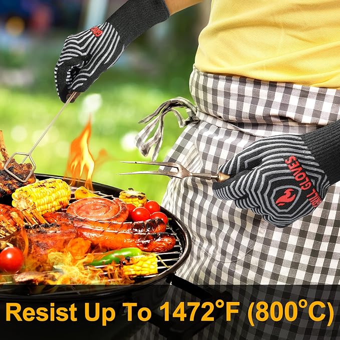 QUWIN BBQ Gloves, Oven Gloves 1472℉ Extreme Heat Resistant, Grilling Gloves Silicone Non-Slip Oven Mitts, Kitchen Gloves for BBQ, Grilling, Cooking, Baking-1 Pair… (Black, One Size(Long Cuff))