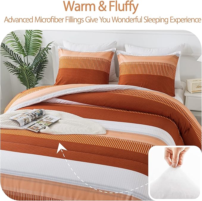 Andency Stripe Comforter Set Queen Size (90x90 Inch), 3 Pieces Terracotta Patchwork Striped Comforter, Soft Microfiber Down Alternative Comforter Bedding Set with Corner Loops
