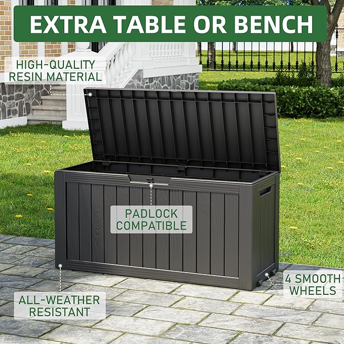 NUNU LAB 75 Gallon Outdoor Storage Box,Large Resin Sturdy Deck Box, Backyard Outside Storage Box Waterproof with Double Wall Panels,Package Delivery Garden Hose Storage Bin Outdoor Tool
