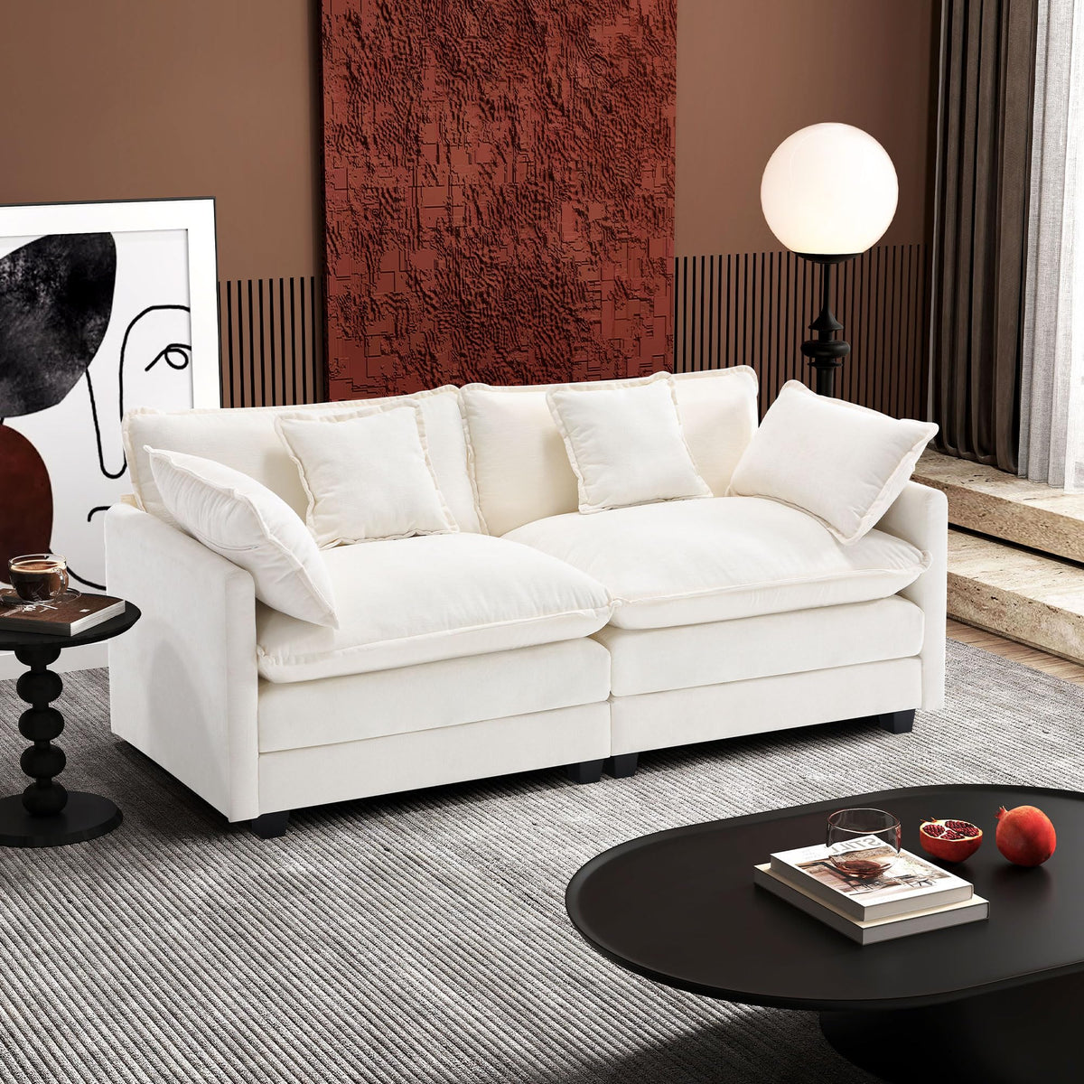 Ihanherry 111.4" L Shaped Modern Sofa Modular Sectional Cloud Couch with Ottoman, 4-Seat Chenille Deep Seat Sofa with Pillow for Living Room, Bedroom and Apartment, Beige