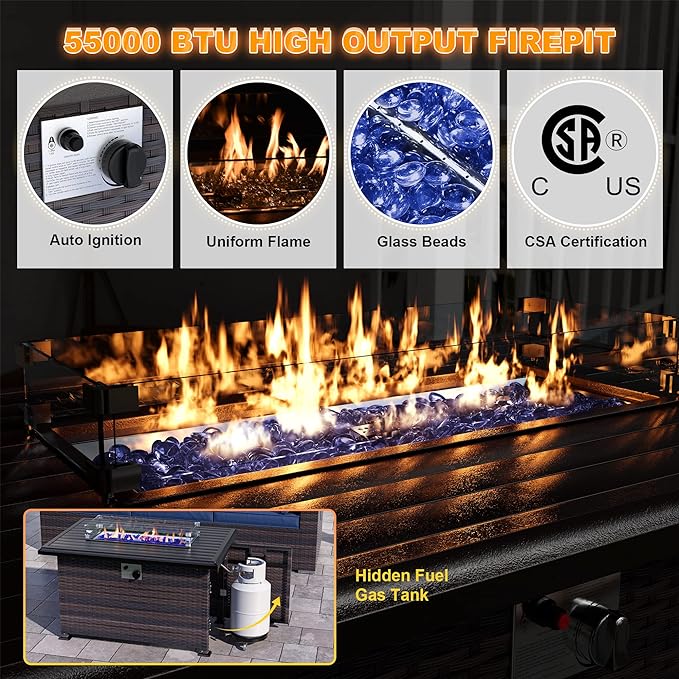 Patio Furniture Set with Fire Pit Table 15 PCS Outdoor Sectional Furniture Outdoor Rattan Patio Conversation Sets with 43in 55,000 BTU Propane Gas Fire Pit Table Glass Table, Red