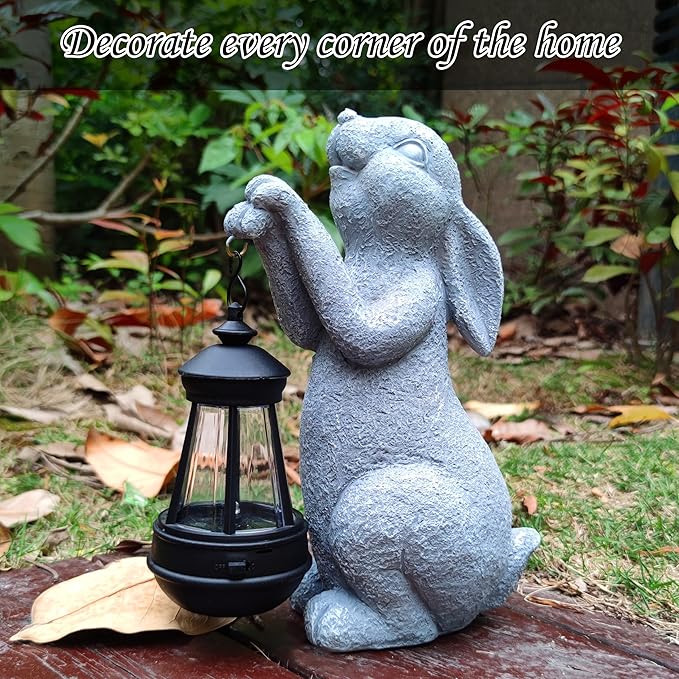 Rabbit Solar Garden Statues,Resin Rabbit Figurine Decorations with Solar Lights Lantern, Outdoor Figurines Lawn Garden Statue Decor Art for Lawn,Yard, Balcony Ornament.