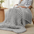 Amélie Home Chunky Knit Throw Blanket for Couch, Soft Chenille Crochet Blanket for Sofa, 50"x60", Light Grey