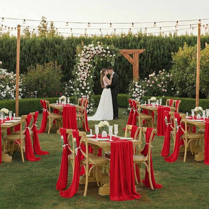 Pack of 25 | Red | 10ft Chiffon Table Runner 29x120 Inches Long Romantic Rustic Sheer Gauze Runner for Wedding Bridal Shower Birthday Banquets Engagement Spring Easter Boho Decorations