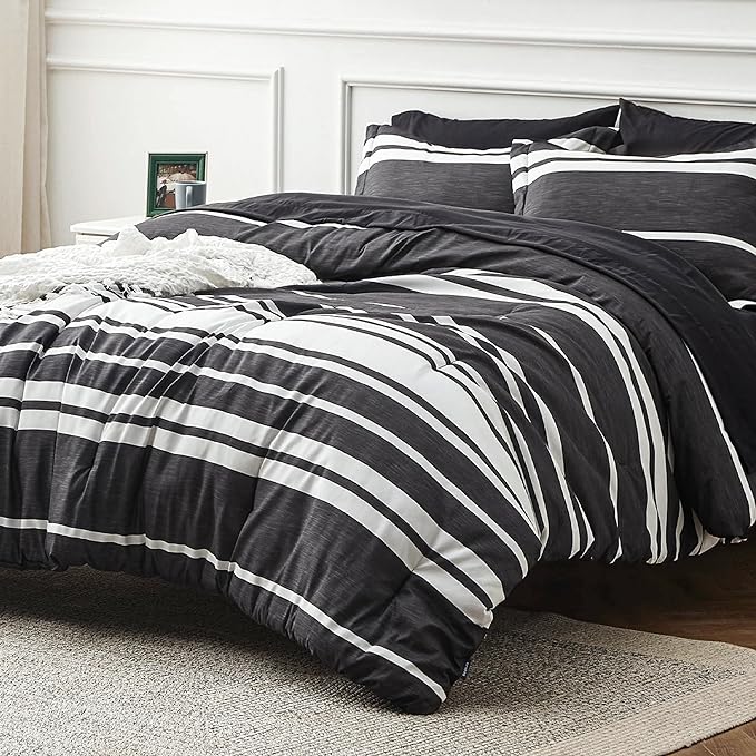 Bedsure Bed in a Bag King Size 7 Pieces, Black White Striped Bedding Comforter Sets All Season Bed Set, 2 Pillow Shams, Flat Sheet, Fitted Sheet and 2 Pillowcases