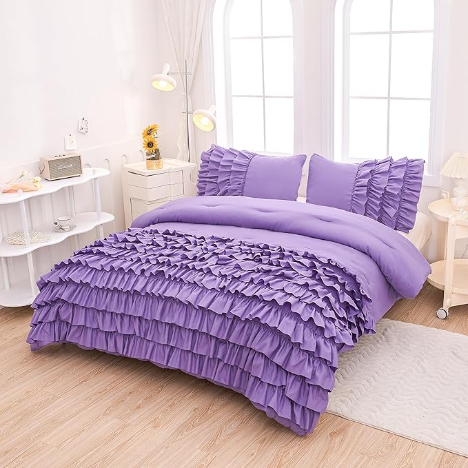 Lavender Princess Ruffle Comforter, Purple Twin Comforter Set for Girls (1 Ruffled Comforter and 2 Pillowcases), 3 Pieces Vintage Rustic Purple Bedding Set for Girls Kids