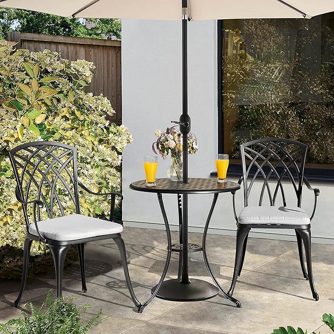 NUU GARDEN Bistro Set 3 Piece Outdoor Cast Aluminum Patio Bistro Set Patio Table and Chairs Set of 2 with Umbrella Hole and Gray Cushions, Black