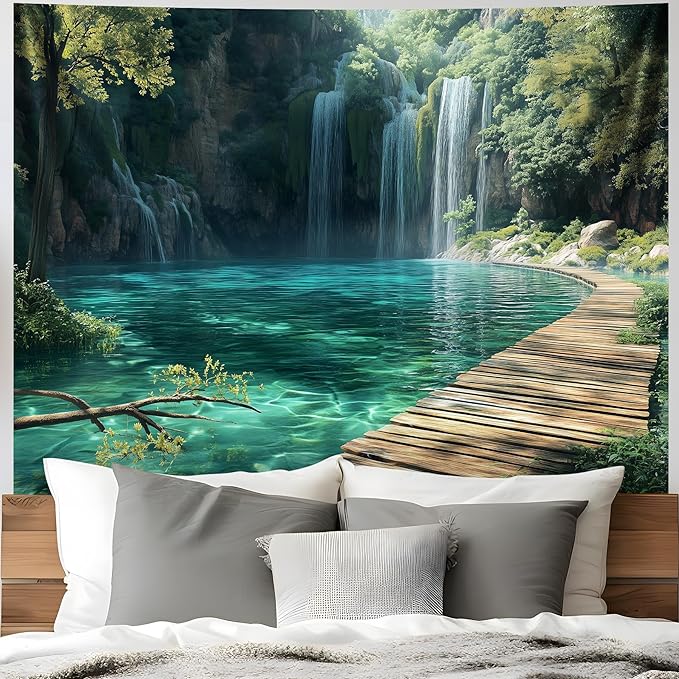 BSFHH Nature Tapestry Forest Tree Sea Cave Wall Hanging, Stream Through Rainforest Landscape Wall Art Tapestry for Bedroom Living room (Waterfall, 90"×70", Unframed)