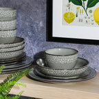 Gibson Elite Matisse 16-Piece Double Bowl Dinnerware Set, Service for 4 – Green Stoneware Plates and Bowls