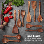 Wooden Spoons for Cooking, 10 Pcs Teak Wood Utensil Set for Nonstick | Durable, Heat Resistant & Food-Safe with Ergonomic Handles – Woodenhouse Kitchen Cookware