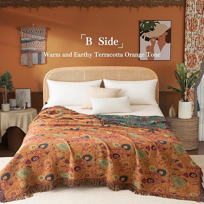 Boho Throw Blanket Twin Size, Soft Cozy Cotton Muslin Quilt Blanket for Bed Decor, Floral Patterned Couch Sofa Chair Cover, Vintage Farmhouse Cottage Tapestry Woven Blanket, Green&Orange