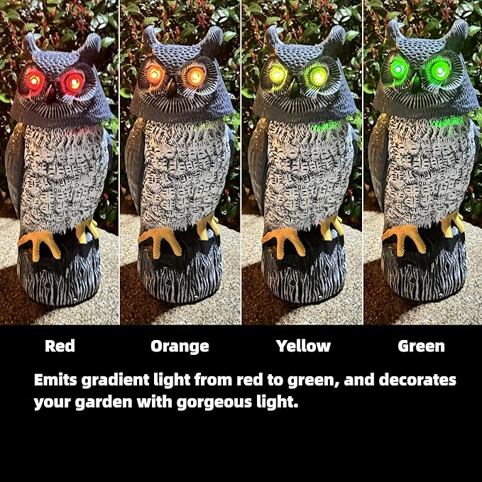 Solar Powered Garden Owl with Motion Detection, Rotating Head, Realistic Hoots and Silent Mode, Outdoor Statue and Sculpture, Owl Decoration for Home, Garden, Patio and Lawn