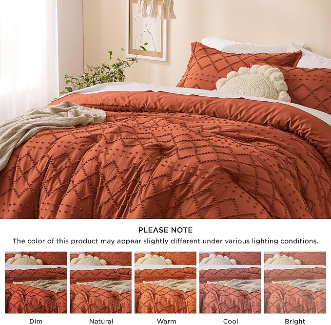 Bedsure Queen Comforter Set - Terracotta Comforter, Boho Tufted Shabby Chic Bedding Comforter Set, 3 Pieces Vintage Farmhouse Bed Set for All Seasons, Fluffy Soft Bedding Set with 2 Pillow Shams