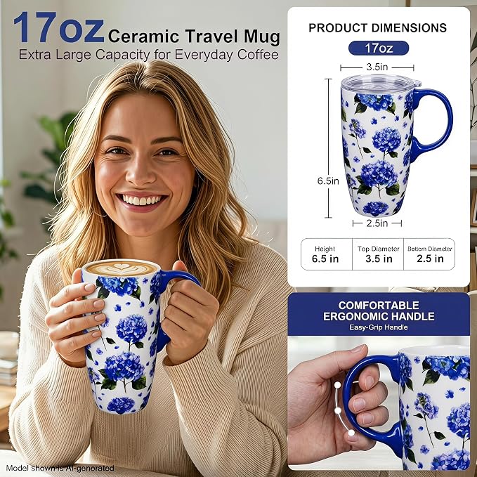 Topadorn 17oz Ceramic Travel Mug with Lid, Blue Hydrangea Coffee Mug | Floral Coffee Cup, Microwave & Dishwasher Safe, Gift Box Included
