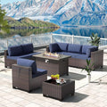 Kullavik 8 Pieces Outdoor Patio Furniture Set with 43" 55000BTU Gas Propane Fire Pit Table PE Wicker Rattan Sectional Sofa Patio Conversation Sets,Dark Blue