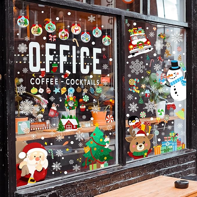 Christmas Window Clings - Christmas Large Window Stickers for Glass Window, Reusable Static Vinyl Double-Sided Winter Decals, Cute Snowflake Snowman Holiday Xmas Decorations, 197 PCS/9 Sheet