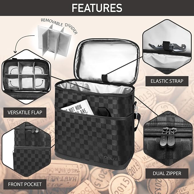 opux 6 Bottle Carrier Tote | Insulated Padded Wine Cooler Bag for Travel. Picnic, BYOB | Portable Leakproof Wine Tote Bag for Dinner, Party, Christmas, Wine Gift for Women, Men (Black Square)