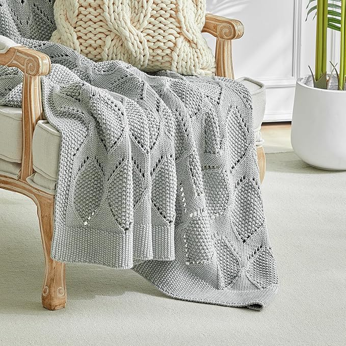 Longhui bedding Chunky Cotton Knit Throw Blanket for Couch, Sofa, Bed, or Chair, Decorative Breathable Fall Cable Knit Blanket 60 x 80 Inches, Large Medium Weight Grey