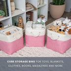 OrganiHaus 11x11 Cube Storage Bins 4 Pack, Foldable Cube Storage Organizer w/ Rope Handles, Collapsible Fabric Bins for Toys, Clothes & Closet Organization, Fabric Square Baskets - Pink/White