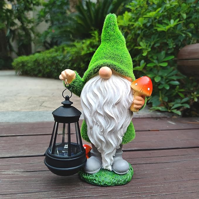 Solar Gnomes Garden Statues,Resin Gnome Figurine Holding Mushroom and Solar Lights Lantern,Outdoor Yard Art Decorations for Garden Patio Lawn