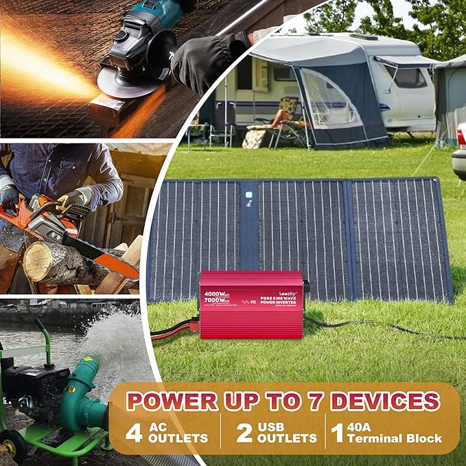 4000 Watt Pure Sine Wave Inverter 12V DC to 110V 120V AC Surge Peak 7000 Watt for 2s | 2025 New Upgraded, Compatible with Lithium Battery, for Home Car Off-Grid Solar System RV Truck Vehicle LEESKY