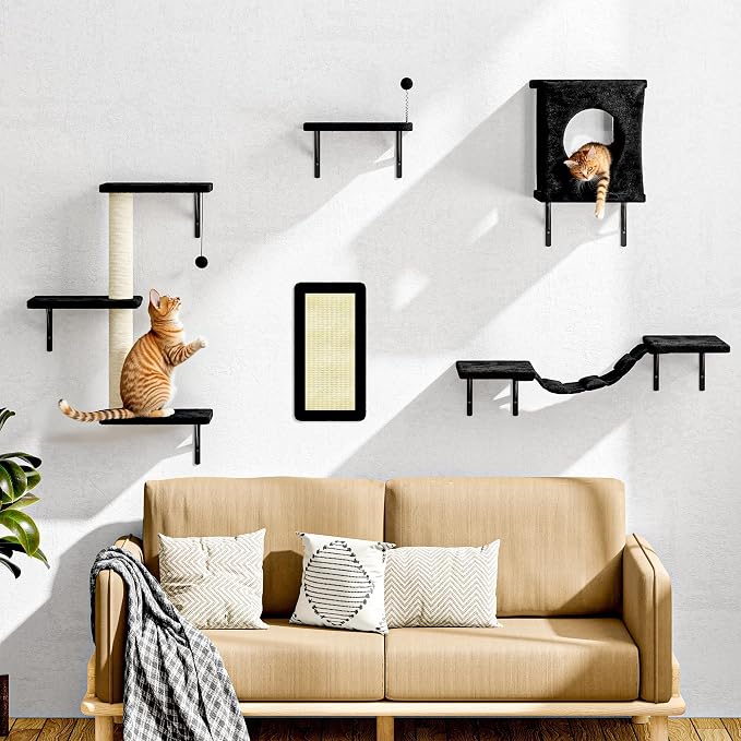 12-in-1 Cat Wall Shelves, Modern Wall-Mounted Cat Furniture, Wooden Climber Includes House, Bridge, Tree, Steps, and Scratcher, Space-Saving Cat Climbing Wall Systems, Black