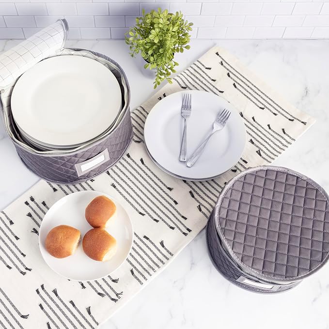 Stack Store Plus More China Storage Quilted Case for Dessert Plate, Bowls, Small Plate or Saucer - 8" W x 6" H - Gray - Includes 12 Felt Separators