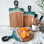 Acacia Wood Serving Board with Ocean Resin Art, 14.6" x 10.2" Charcuterie Cheese Tray for Display & Prep, Cutting Board on Back, Includes Stand & Loofah, Christmas Housewarming Gift (Round)