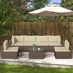 SUNVIVI OUTDOOR 7 Piece Patio Sectional Sofa Outdoor All Weather Brown PE Wicker Furniture Set, Paito Conversation Sofa Set with Glass Table, Removable Beige Cushions