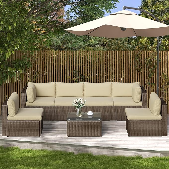 SUNVIVI OUTDOOR 7 Piece Patio Sectional Sofa Outdoor All Weather Brown PE Wicker Furniture Set, Paito Conversation Sofa Set with Glass Table, Removable Beige Cushions