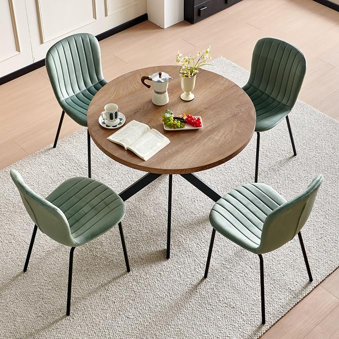 37 Inch Round Dining Table Set for 4, Modern Small Circle Kitchen Coffee Set for Apartment Living Room Office, Save Space(1 Imitation Wooden Table + 4 Green Velvet Chairs)