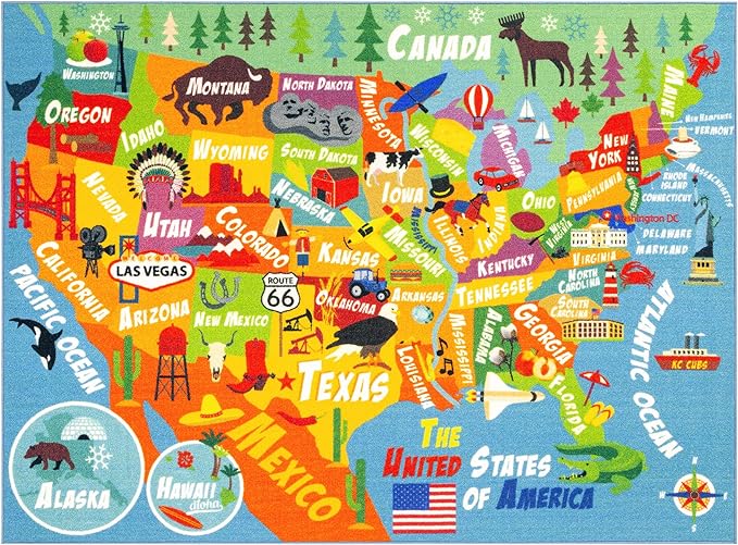 KC Cubs Playtime Collection USA United States Map Educational Learning & Game Area Rug Carpet for Kids and Children Bedrooms and Playroom (5'0" x 6'6")