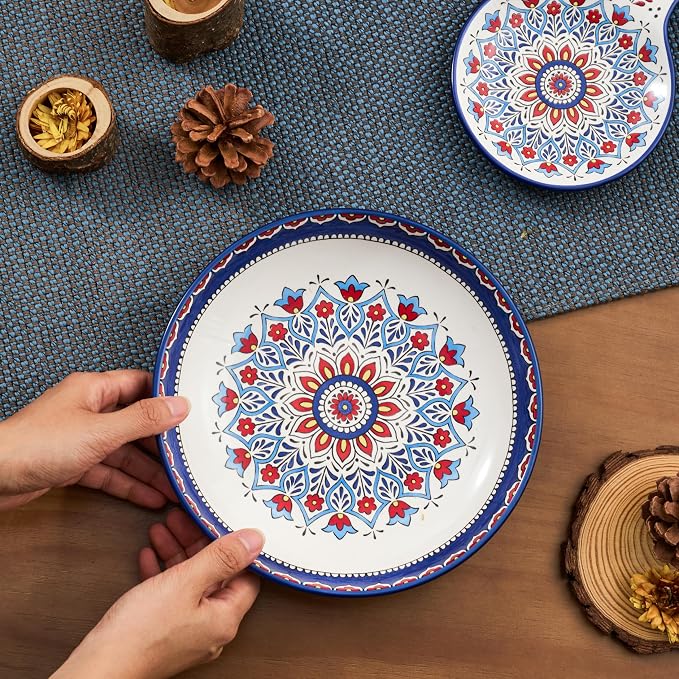 Bico Boho Totem Pasta Bowls, 35oz Salad Bowl Set of 4, Large Ceramic Serving Dinner Bowls for Soup and Cereal, Microwave and Dishwasher Safe, Gift for Housewarming and Thanksgiving