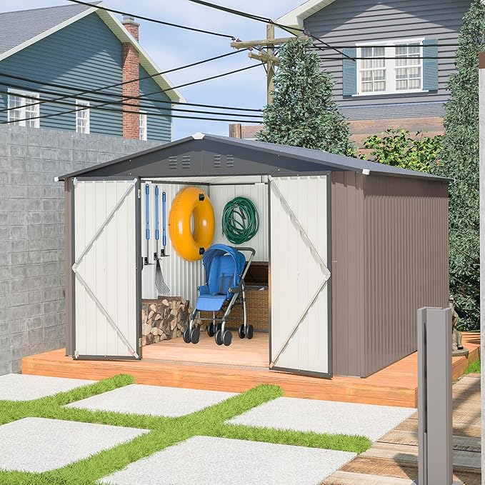 Favfurish Outdoor Storage Shed 10 x 10 FT,Heavy Duty Tool Sheds Metal Storage Garden Shed with Sloped Roof and Lockable Doors,Large Metal Storage Sheds for Backyard Patio Lawn, Brow