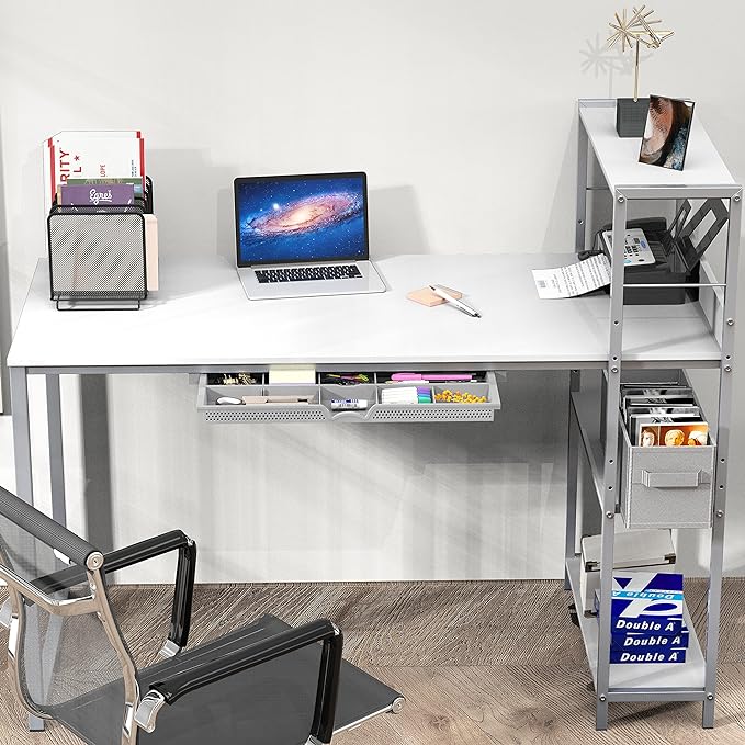 SHW 46-Inch Mission Desk with Side Shelf, 24" Deep, White