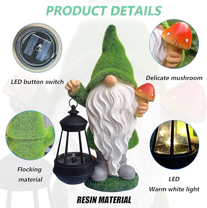 Solar Gnomes Garden Statues,Resin Gnome Figurine Holding Mushroom and Solar Lights Lantern,Outdoor Yard Art Decorations for Garden Patio Lawn
