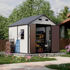 Plastic Shed 8x8 Outdoor Storage Resin Sheds, 2 Lockable Awning Windows, Reinforced Steel Frame, Heavy-Duty Resin Garden Shed for Backyard, Patio, Tool & Bike Storage