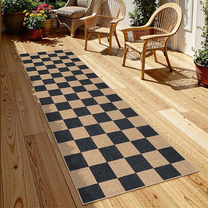 Lahome Checkered Easy Jute Runner Rug, 2x8 Kitchen Rug Non Slip Washable Outdoor Runner for Entryway Indoor, Checkerboard Black Indoor Outdoor Carpet for Hallway 8ft Entry