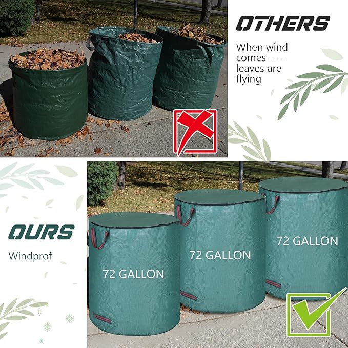 Eaasty 6 Pack 72 Gallon Leaf Bags Collapsible Lawn Bags Reusable Garden Bags Heavy Duty Yard Waste Bags Leaf Container with Zippered Lid Handle 6 Pairs Gardening Gloves for Cleaning Debris Trash