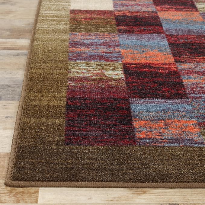 Superior Indoor Non-Slip Area Rug, Rustic Floor Decor, Color Block Rug for Living Room, Bedroom, Office, Kitchen, Dining, Washable Rugs, Foam Back, Lockwood Collection, 8' x 10', Brown-Burgundy