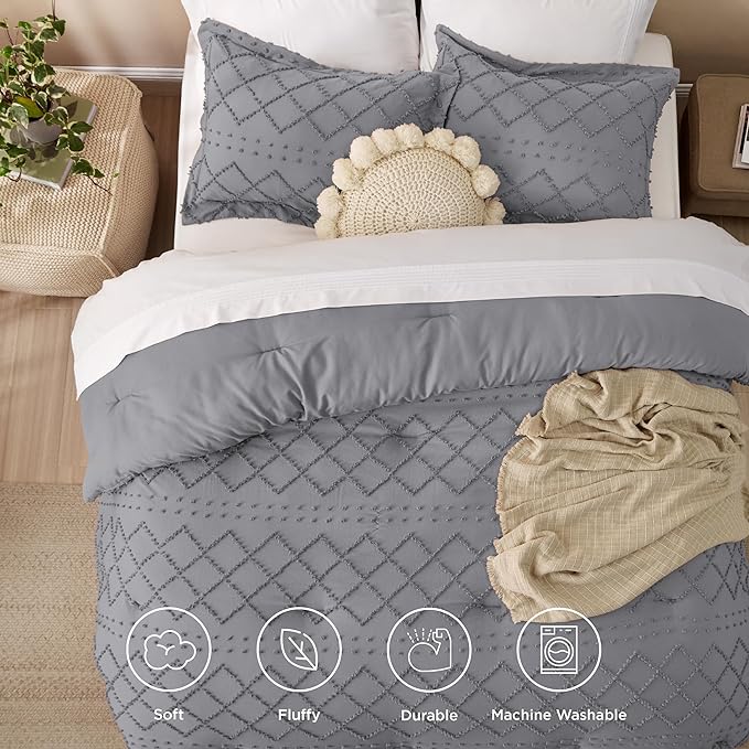 Bedsure Queen Comforter Set - Grey Comforter, Boho Tufted Shabby Chic Bedding Comforter Set, 3 Pieces Vintage Farmhouse Bed Set for All Seasons, Fluffy Soft Bedding Set with 2 Pillow Shams